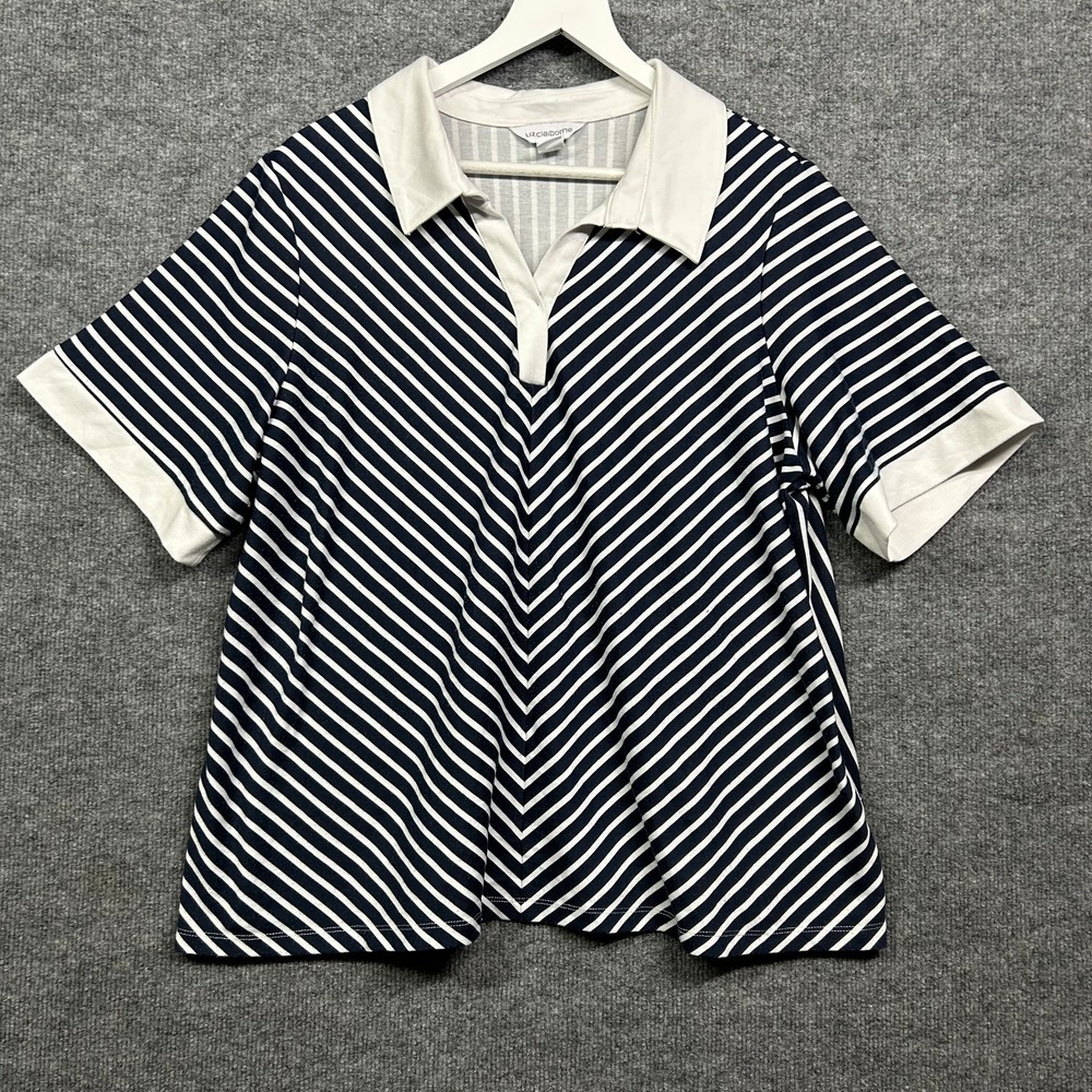 Liz Claiborne Polo Shirt Womens Blue White Chevron Short Sleeve Stretch Top - 0X